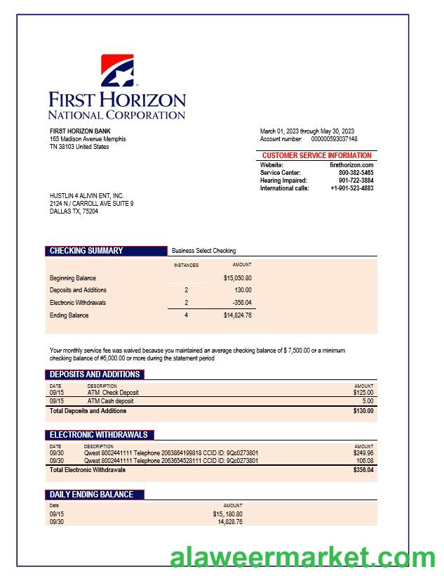 First Horizon Bank company checking account statement Word and PDF template